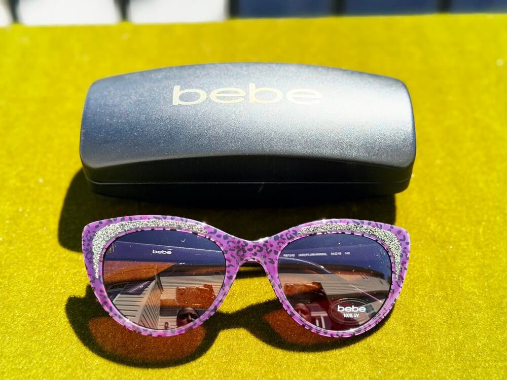 NEW Bebe Purple Animal Print Sunglasses Glitter Cat Eye Oversized Sunnies BB7242